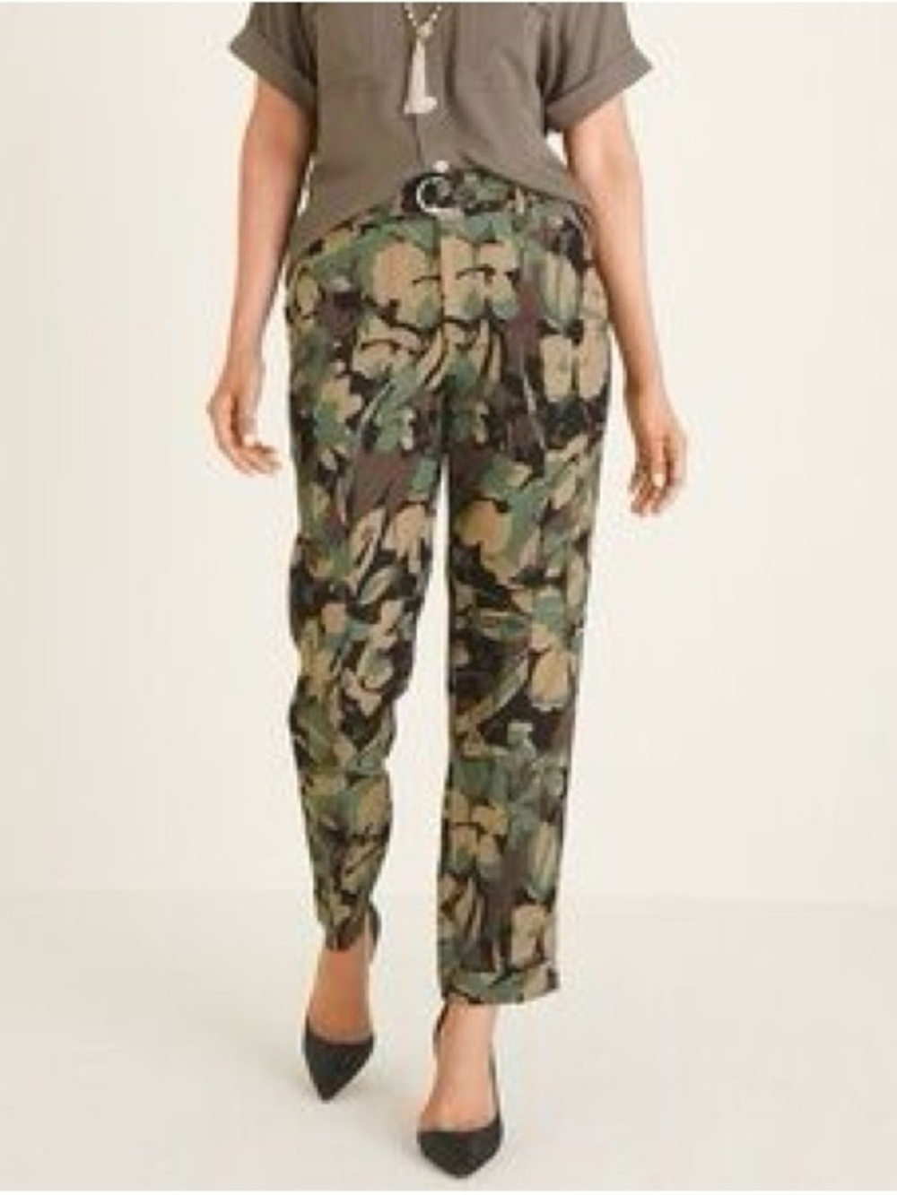 Chico's Luxe Camo Floral Utility Ankle Pants Linen Lyocell Blend